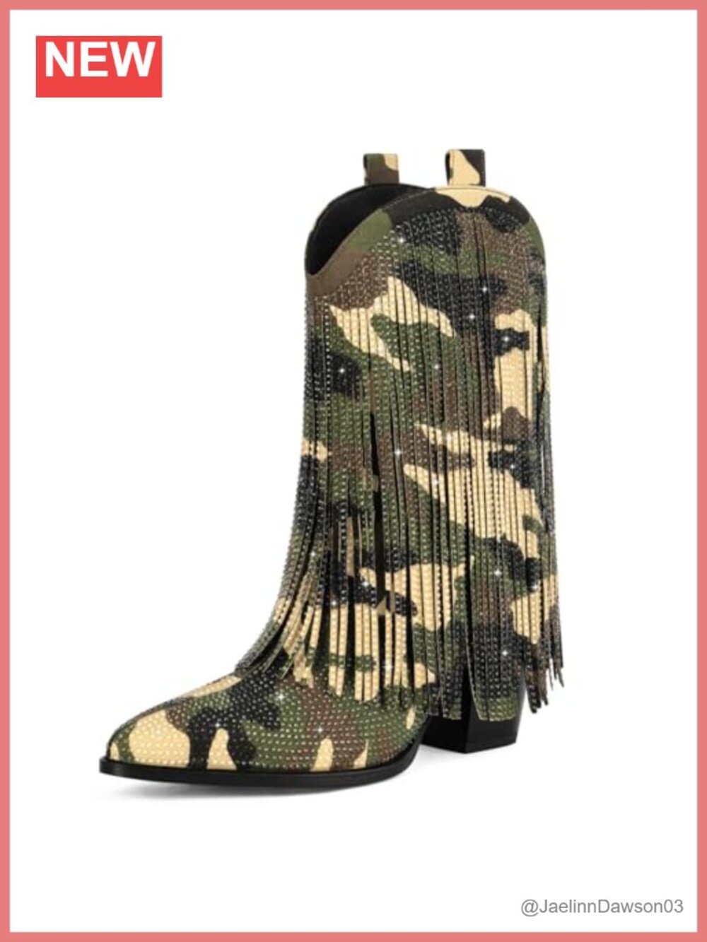 Women's Western Rhinestone Fringe Suede Mid Calf Cowboy Boots Chunky Heel